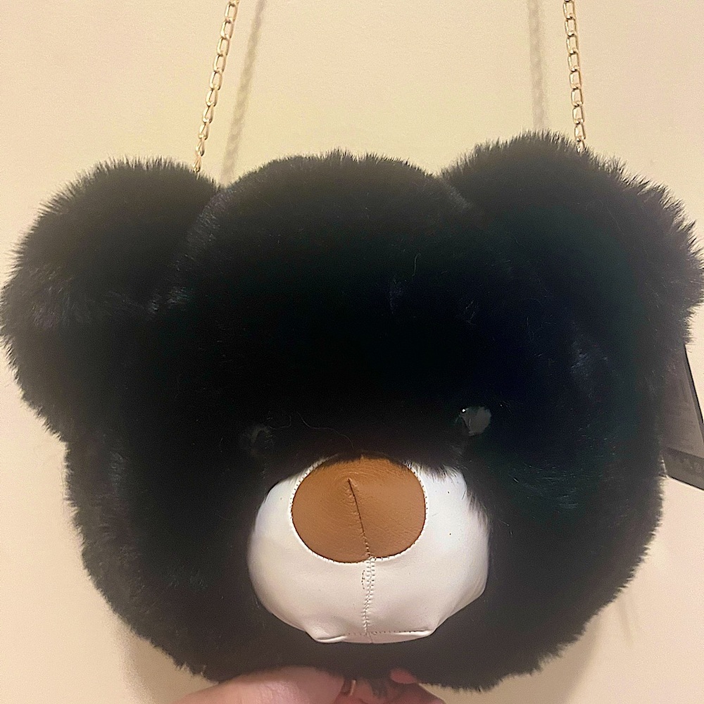 Plush Black Teddy Bear Purse with gold chain strap